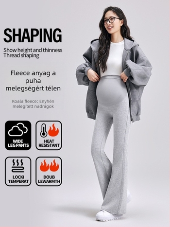 Terhességi nadrág fleece béléssel, magas derék, nylon-spandex keverék, has támogatás