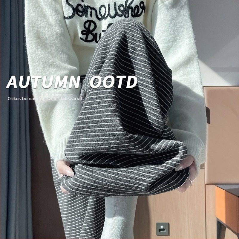 Kismama egyenes szabású nadrág, vastag fleece-bélésű, csíkos, poliészter-spandex anyagból — Tél 2025