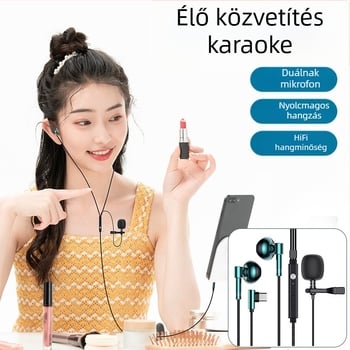 Vezetékes fülhallgató kettős lavalier mikrofonnal, 3,5 mm-es L-alakú csatlakozó, 14,2 mm hangszóró átmérő, 1,5 m kábel, frekvenciasáv 20 Hz–20 kHz