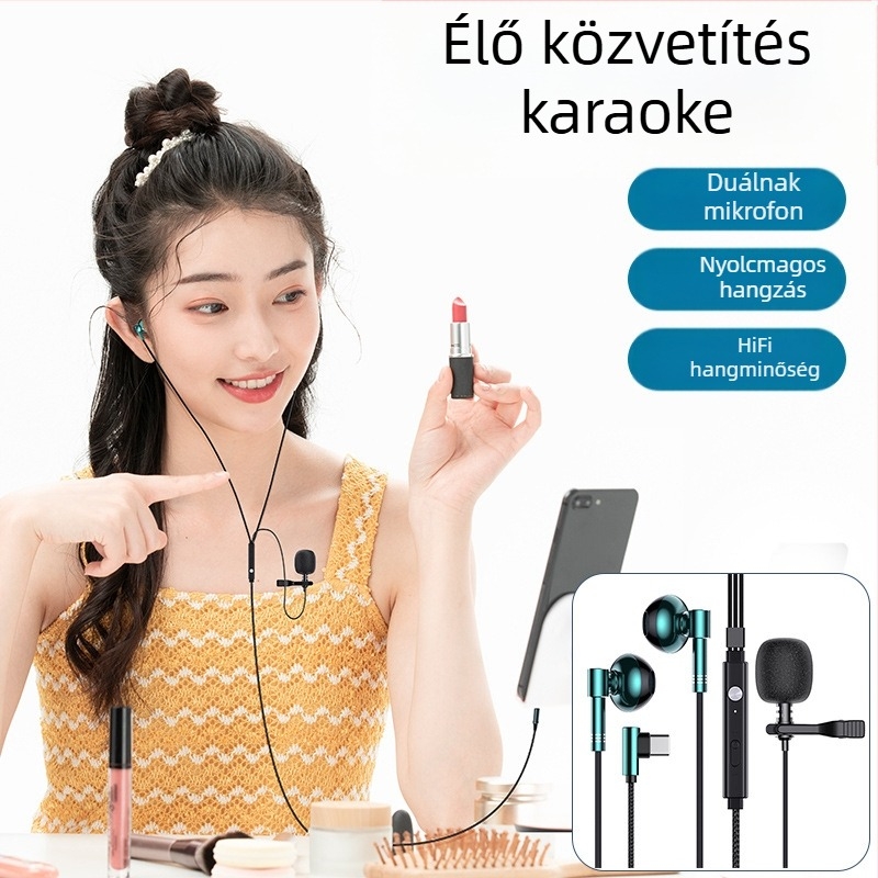 Vezetékes fülhallgató kettős lavalier mikrofonnal, 3,5 mm-es L-alakú csatlakozó, 14,2 mm hangszóró átmérő, 1,5 m kábel, frekvenciasáv 20 Hz–20 kHz