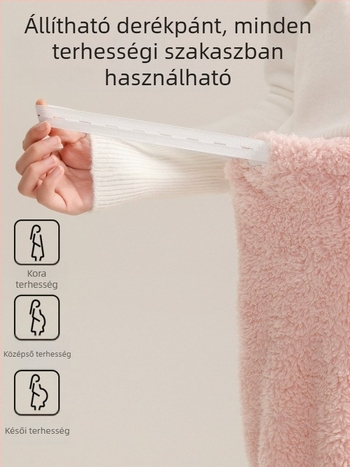 Anyasági meleg nadrág fleece béléssel, tavasz–őszre, laza szabású, magas derék, nem nyomja a hasat, kis- és plusz méretekhez