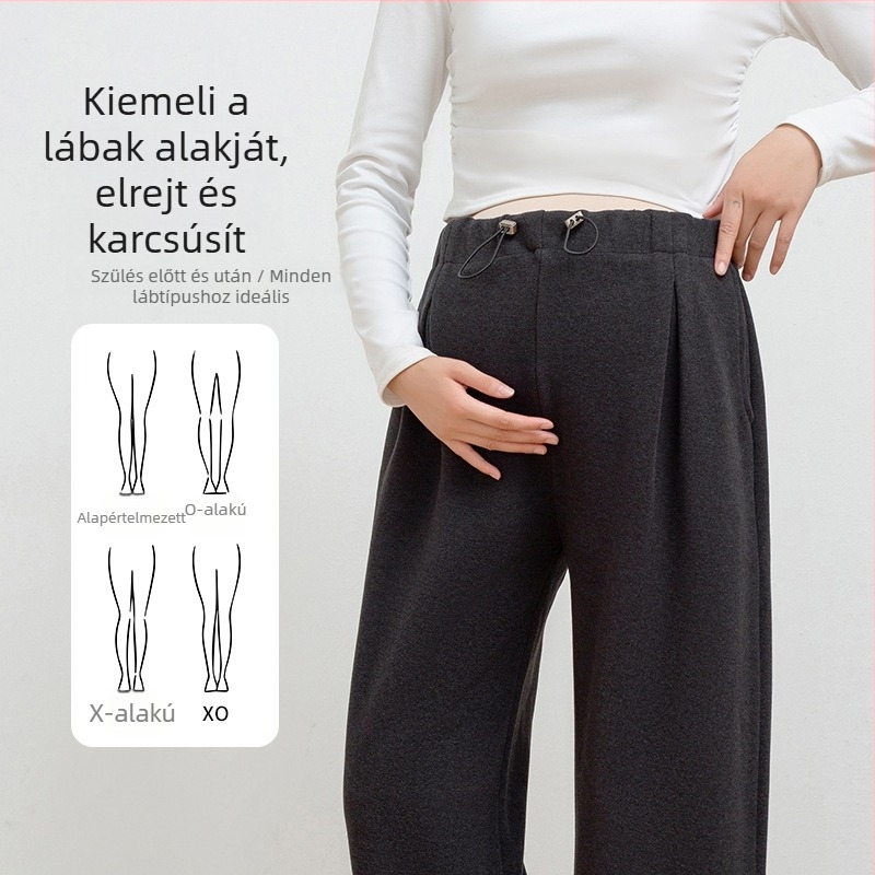 Várandós anyáknak szabadidőnadrág, széles fazon, zsinóros derék, vastag Caiyun pamut, elasztán 70–80%, poliészter <30%, tél 2025