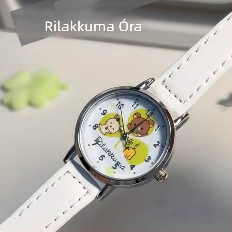 Gyerekeknek készült kvarc karóra analóg kijelzővel és számokkal, műanyag tokozás, imitációs bőrszíj, kerek számlap