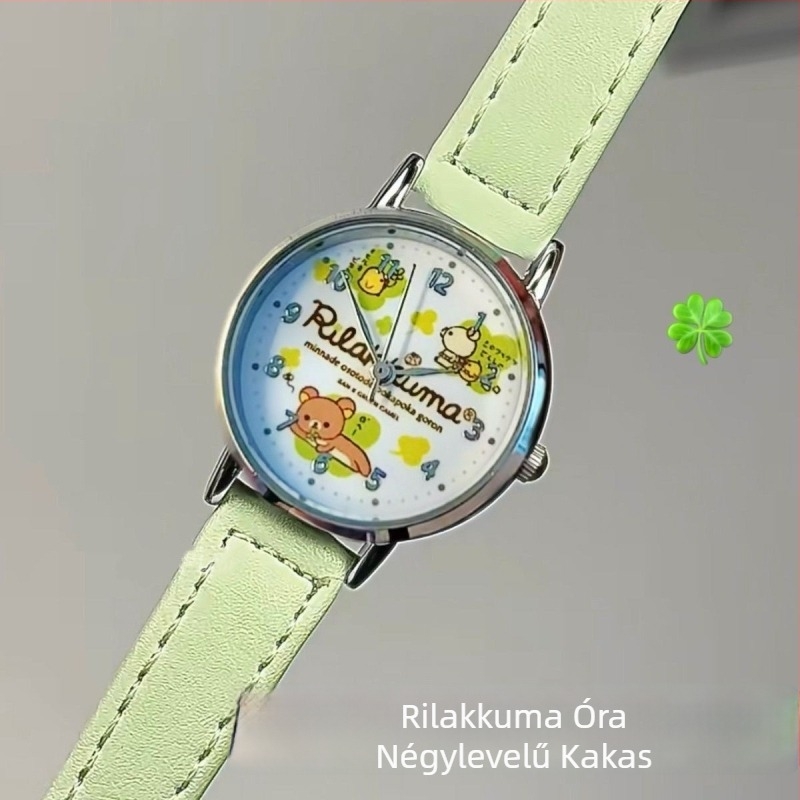 Gyerekeknek készült kvarc karóra analóg kijelzővel és számokkal, műanyag tokozás, imitációs bőrszíj, kerek számlap