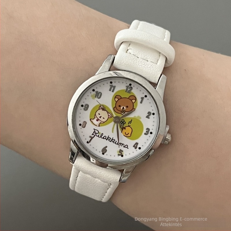 Gyerekeknek készült kvarc karóra analóg kijelzővel és számokkal, műanyag tokozás, imitációs bőrszíj, kerek számlap