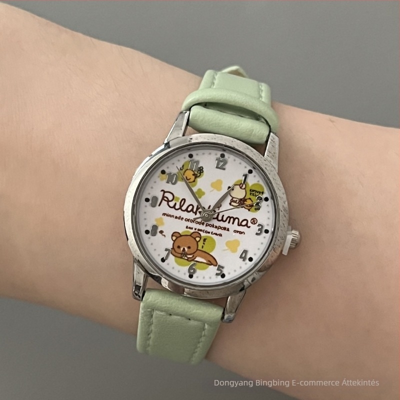 Gyerekeknek készült kvarc karóra analóg kijelzővel és számokkal, műanyag tokozás, imitációs bőrszíj, kerek számlap