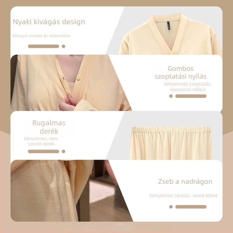 Postpartum kismama pizsama készlet tavasz–ősz, 100% pamut, hosszú ujjú, nadrágos, minimalist stílus