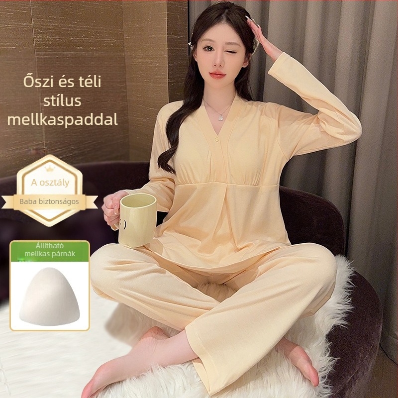 Postpartum kismama pizsama készlet tavasz–ősz, 100% pamut, hosszú ujjú, nadrágos, minimalist stílus