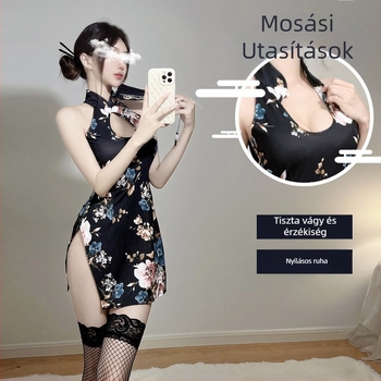 Cheongsam-stílusú ruha, ujjatlan, nyitott hasítékkal és mintával; poliészter anyag