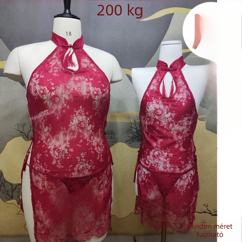 Night Soup pluszméretű csipkés cheongsam fehérnemű készlet átlátszó kivágásokkal és hasítékkal