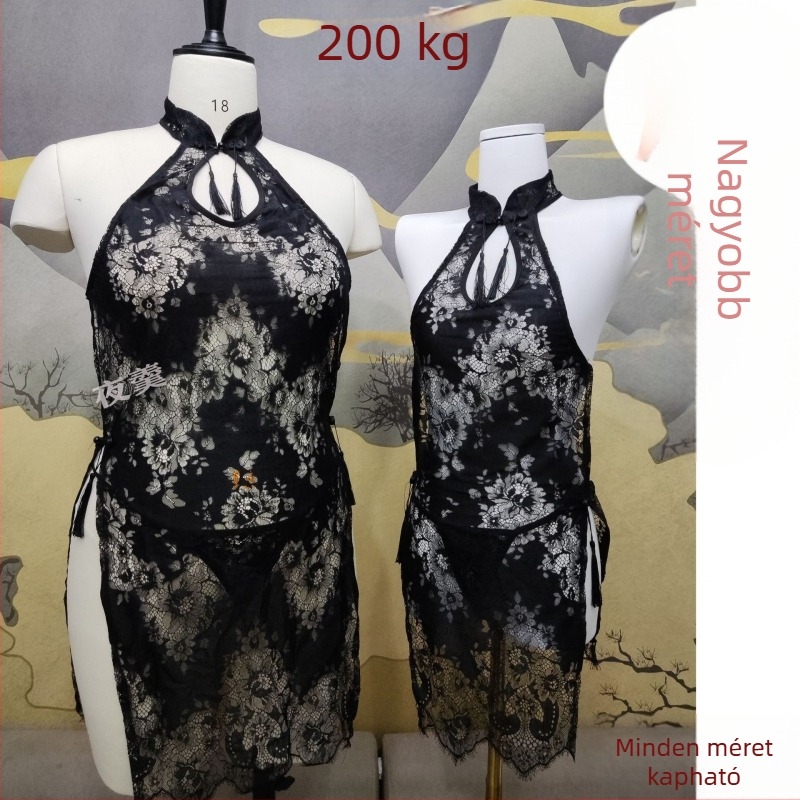 Night Soup pluszméretű csipkés cheongsam fehérnemű készlet átlátszó kivágásokkal és hasítékkal