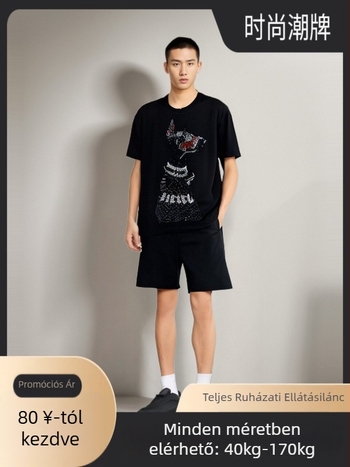 Férfi pamut T-shirt Dobermann kristályos mintával, kerek nyakú, rövid ujjú, lélegző anyag