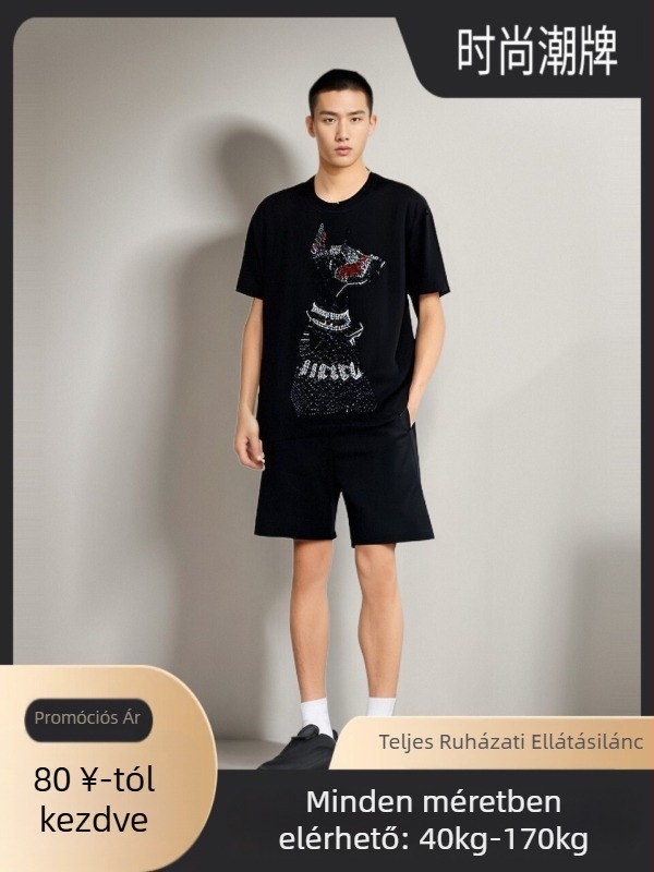 Férfi pamut T-shirt Dobermann kristályos mintával, kerek nyakú, rövid ujjú, lélegző anyag
