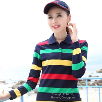 Női Slim-fit pamut póló spandex-szel, csíkos minta, polo gallér, hosszú ujjú