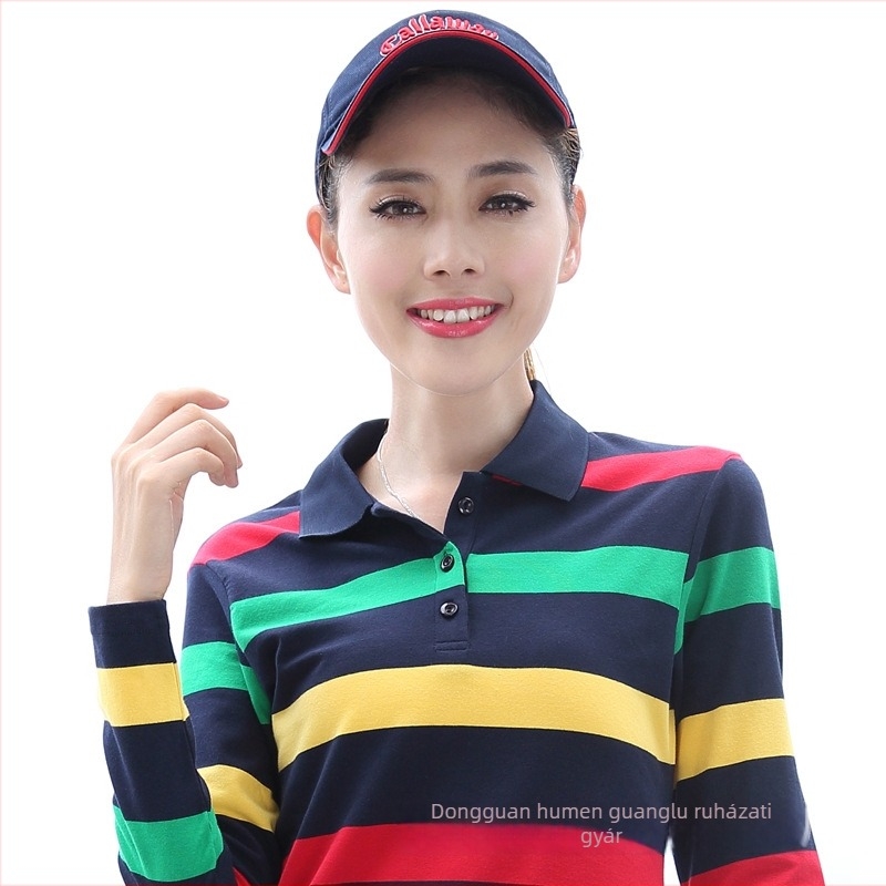 Női Slim-fit pamut póló spandex-szel, csíkos minta, polo gallér, hosszú ujjú