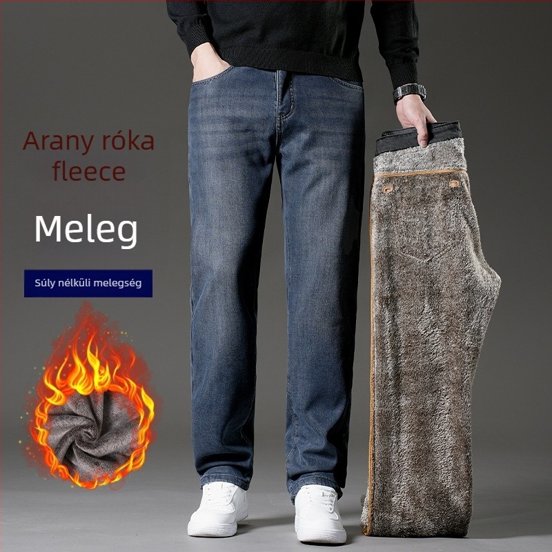 Férfi farmer nadrág fleece béléssel, Lyocell anyag, lazább szabás, egyenes szár, magas derék
