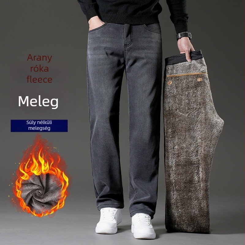 Férfi farmer nadrág fleece béléssel, Lyocell anyag, lazább szabás, egyenes szár, magas derék