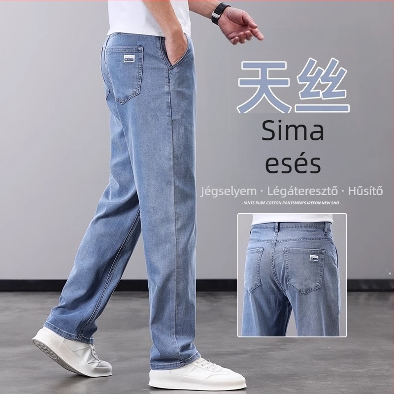 Férfi farmernadrág - laza szabású, egyenes, széles szárú, alacsony derék, nyárra, pamut‑keverék, 70% poliészter, japán-koreai stílus