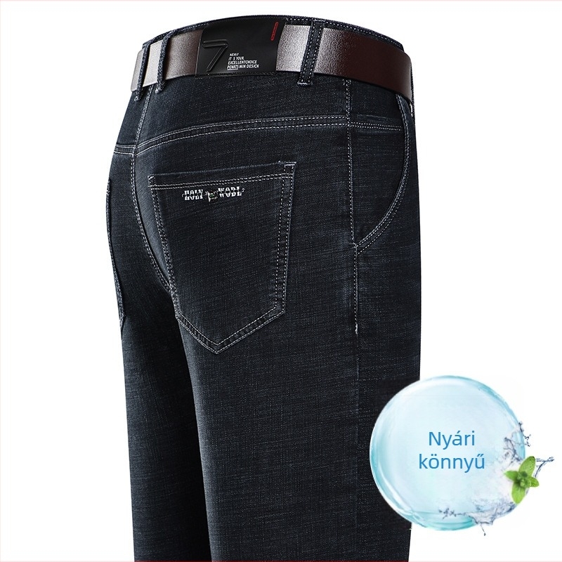 Férfi farmernadrágok - középtalajú, egyenes szabású, gombos záródás, mindhárom szezonra alkalmas pamut-denim, mikro-stretch