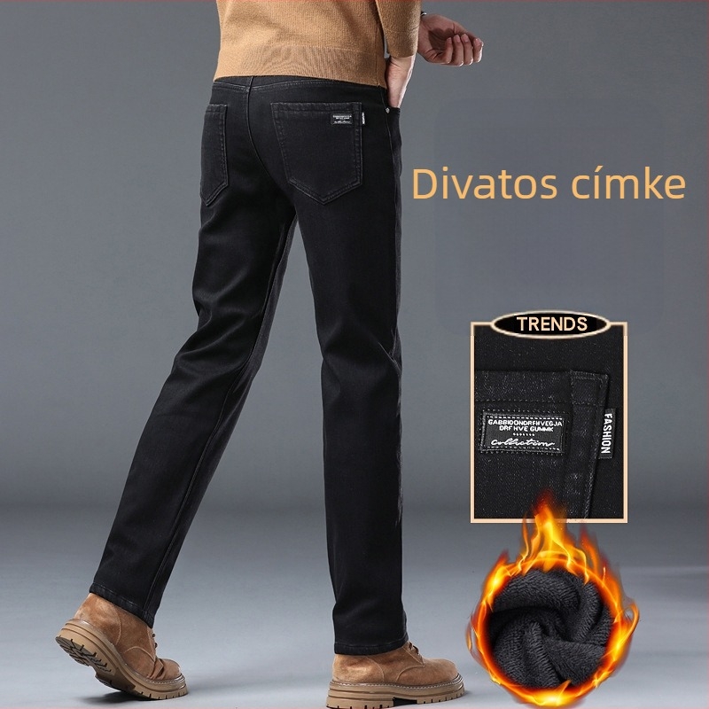 Téli polár béléses farmernadrág, pamut denimből, középmagas derék, széles egyenes szabás, cipzár