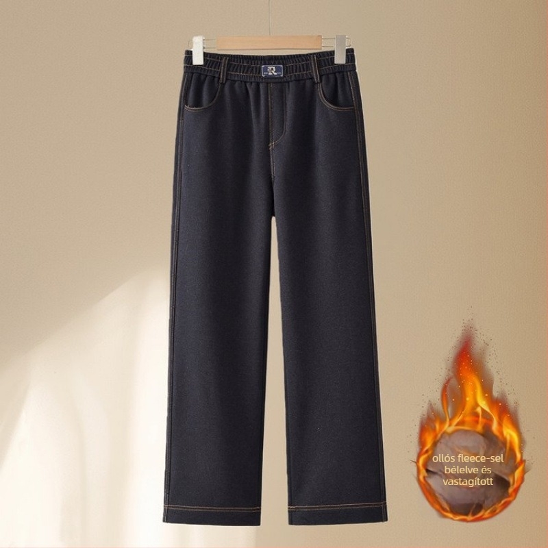 Női farmernadrág fleece-béléssel őszi-téli szezonra, magas derék, egyenes szabás, denim anyag