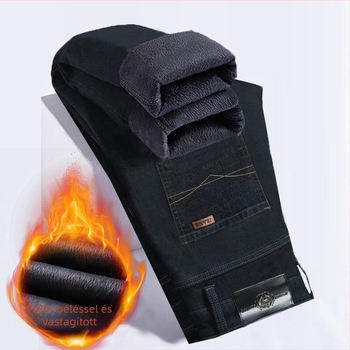 Férfi farmer nadrág fleece béléssel, vastagított, egyenes szárú, középmagas derekú, zipzáras zárás, téli viselet (középmagas derekú, zipzár, fleece bélés, egyenes szár)