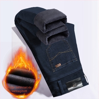 Férfi farmer nadrág fleece béléssel, vastagított, egyenes szárú, középmagas derekú, zipzáras zárás, téli viselet (középmagas derekú, zipzár, fleece bélés, egyenes szár)