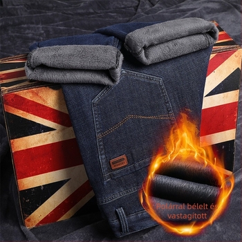 Férfi farmer nadrág fleece béléssel, vastagított, egyenes szárú, középmagas derekú, zipzáras zárás, téli viselet (középmagas derekú, zipzár, fleece bélés, egyenes szár)