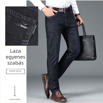 Férfi denim farmernadrág – egyenes szabású, magas derék, hímzés és mosott felület, tavasz–ősz, 50% pamut