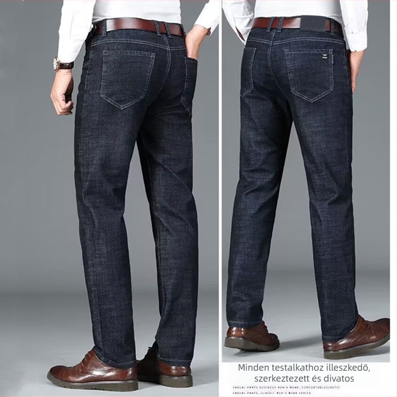 Férfi denim farmernadrág – egyenes szabású, magas derék, hímzés és mosott felület, tavasz–ősz, 50% pamut