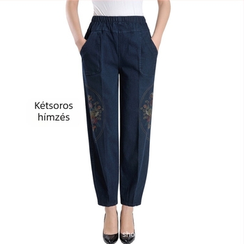 Női magas derekú denim farmernadrág hímzéssel, lantern sziluettel, egyenes szabású, 90–95% pamut