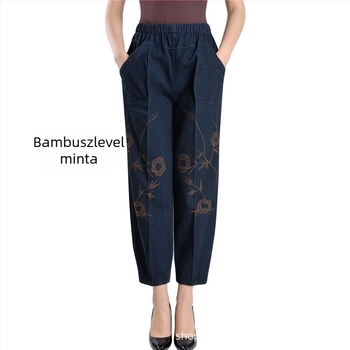 Női magas derekú denim farmernadrág hímzéssel, lantern sziluettel, egyenes szabású, 90–95% pamut