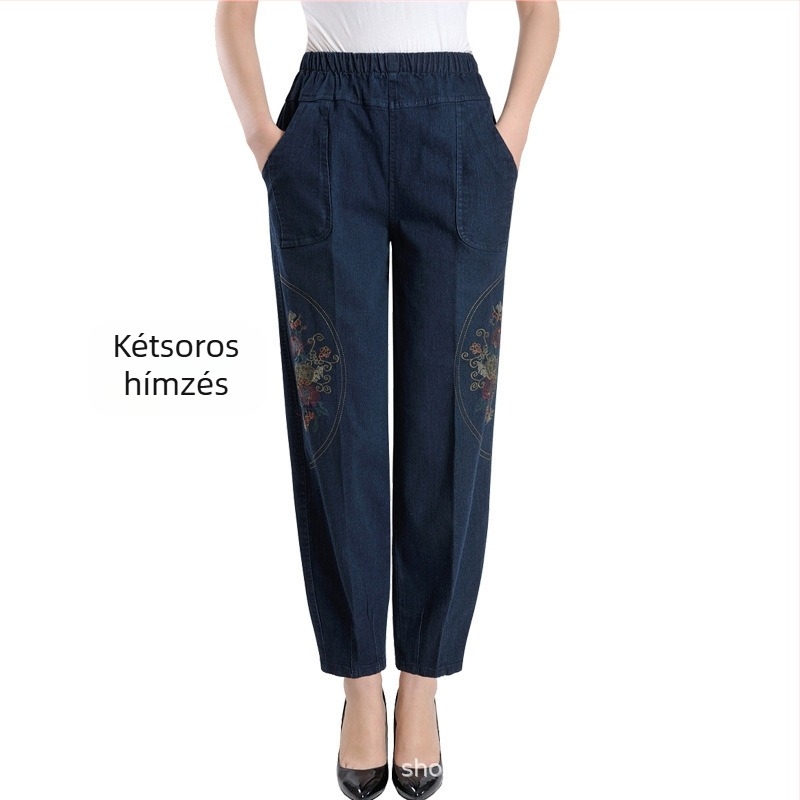 Női magas derekú denim farmernadrág hímzéssel, lantern sziluettel, egyenes szabású, 90–95% pamut