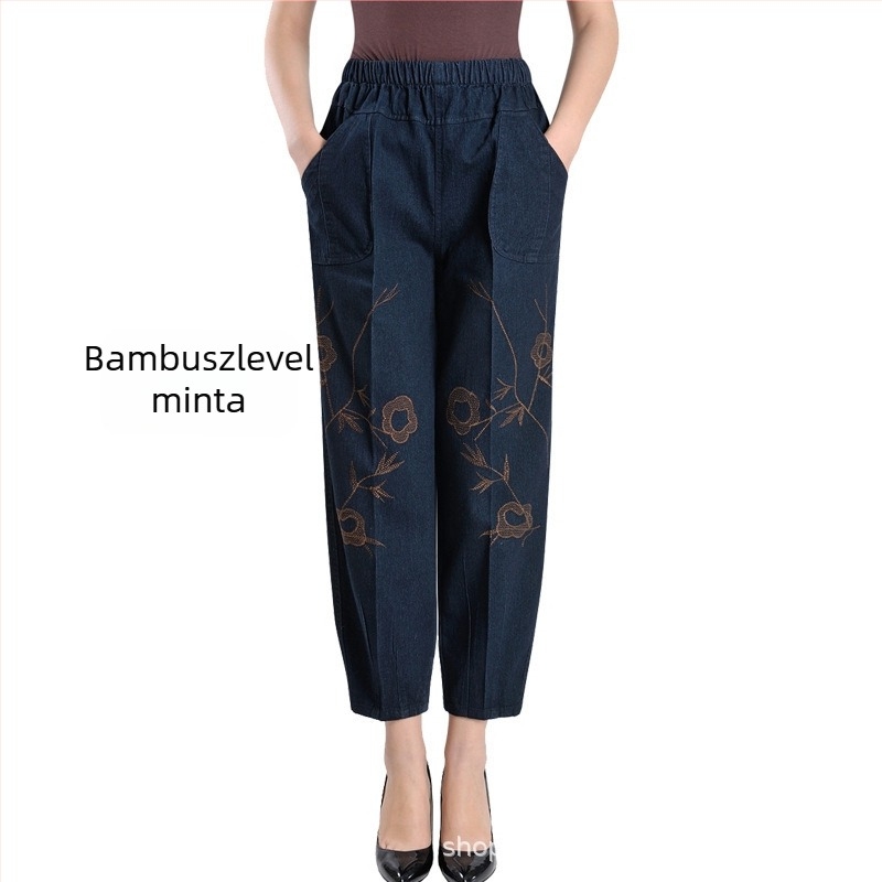 Női magas derekú denim farmernadrág hímzéssel, lantern sziluettel, egyenes szabású, 90–95% pamut