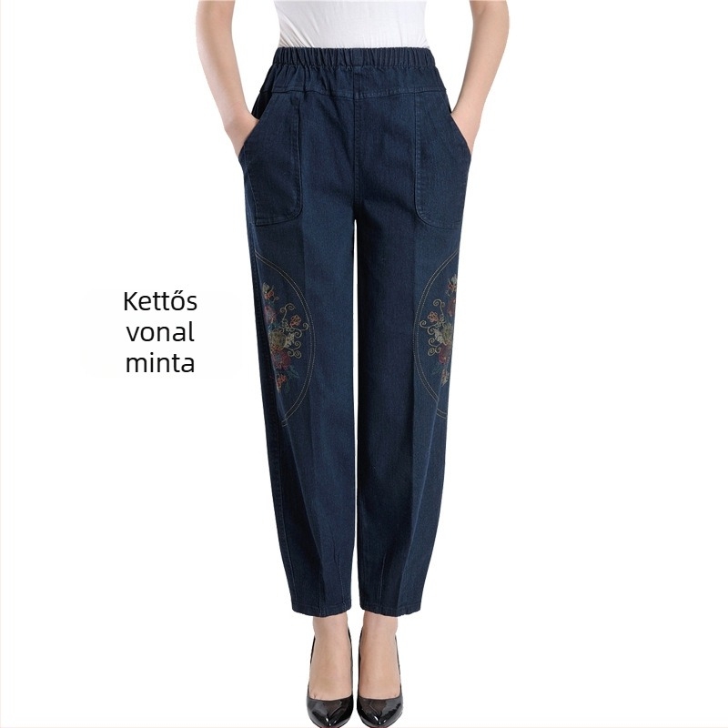 Női magas derekú denim farmernadrág hímzéssel, lantern sziluettel, egyenes szabású, 90–95% pamut
