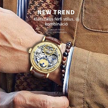 KINYUED férfi skeleton tourbillon automata karóra, valódi bőr szíj, átlátszó hátlappal, 30M vízállóság