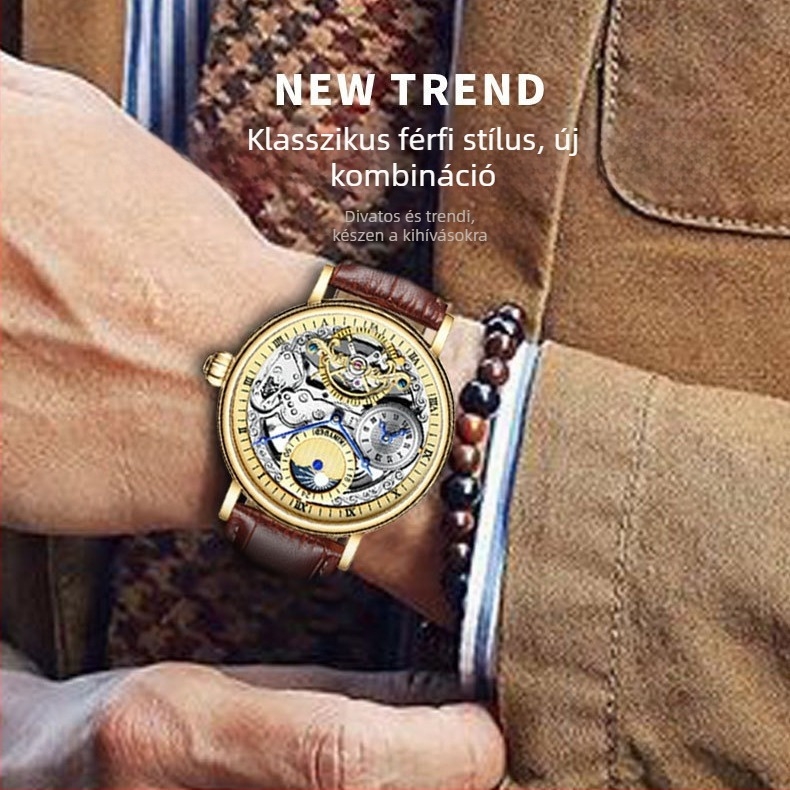 KINYUED férfi skeleton tourbillon automata karóra, valódi bőr szíj, átlátszó hátlappal, 30M vízállóság