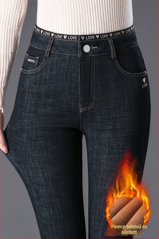 Női farmernadrág téli, fleece-beleléssel, magas derekú, szűk szabású skinny, plusz méret