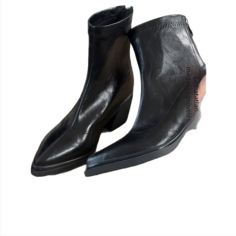 Vékony csizmák hegyes orral, tömör sarok 6–8 cm, hátul cipzár, rövid szárú, női retro stílus