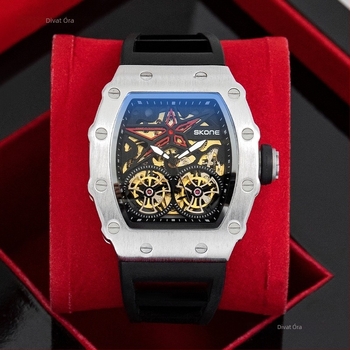 Skone bárrel alakú dupla tourbillon mechanikus óra – férfiaknak, 30 m vízálló, ötvözet tok, szilikon szíj
