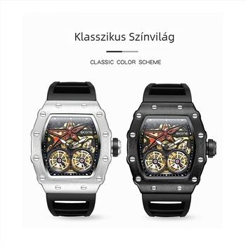 Skone bárrel alakú dupla tourbillon mechanikus óra – férfiaknak, 30 m vízálló, ötvözet tok, szilikon szíj