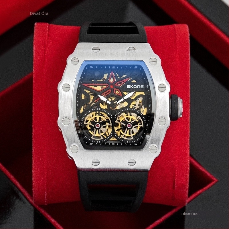Skone bárrel alakú dupla tourbillon mechanikus óra – férfiaknak, 30 m vízálló, ötvözet tok, szilikon szíj