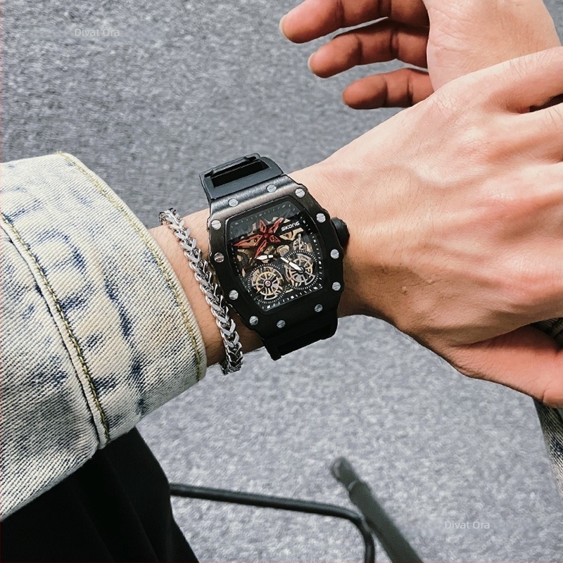Skone bárrel alakú dupla tourbillon mechanikus óra – férfiaknak, 30 m vízálló, ötvözet tok, szilikon szíj