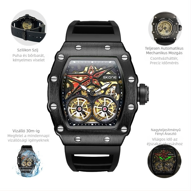 Skone bárrel alakú dupla tourbillon mechanikus óra – férfiaknak, 30 m vízálló, ötvözet tok, szilikon szíj