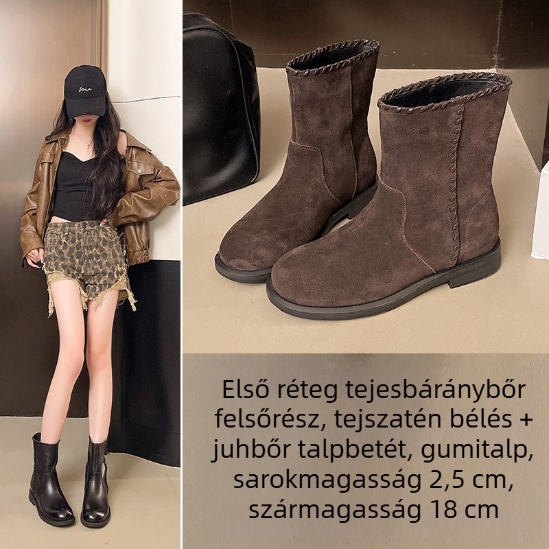 Női Martin csizmák, kerek orr, alacsony, lapos sarok (1–3 cm), első réteg marhabőr felsőrész, gumitalp, báránybőr bélés