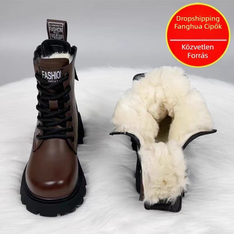 Női Martin csizmák fleece-béléssel, PU felső rész, gumitalp, oldalsó cipzár, vastag sarkú 3–5 cm, téli 2025