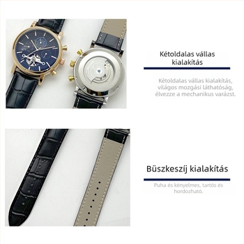 Automata mechanikus óra tourbillonnal, naptár és holdfázis kijelzővel; 24 órás és hét kijelző; rozsdamentes acél tok, valódi bőr szíj, 50 m vízállóság.