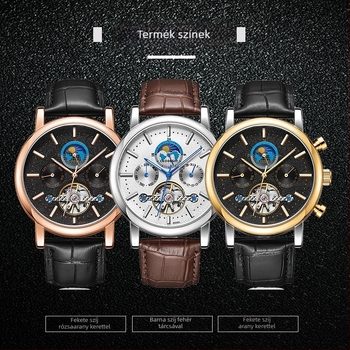 Automata mechanikus óra tourbillonnal, naptár és holdfázis kijelzővel; 24 órás és hét kijelző; rozsdamentes acél tok, valódi bőr szíj, 50 m vízállóság.