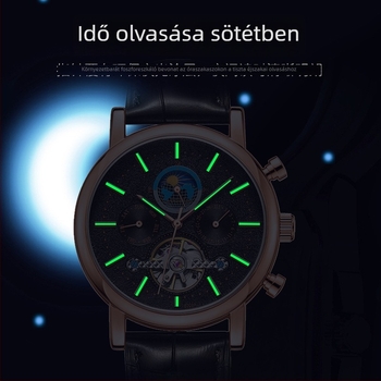Automata mechanikus óra tourbillonnal, naptár és holdfázis kijelzővel; 24 órás és hét kijelző; rozsdamentes acél tok, valódi bőr szíj, 50 m vízállóság.