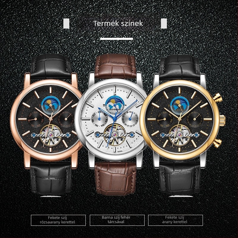 Automata mechanikus óra tourbillonnal, naptár és holdfázis kijelzővel; 24 órás és hét kijelző; rozsdamentes acél tok, valódi bőr szíj, 50 m vízállóság.